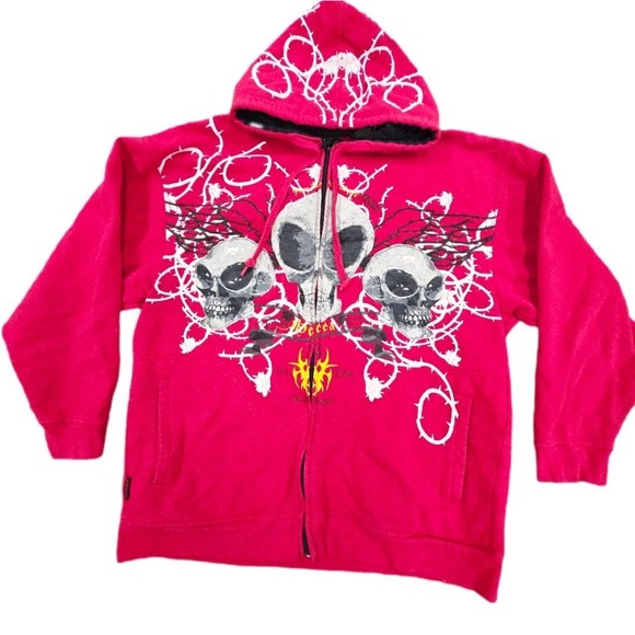 Vtg Mecca Hoodie Mens 3XL Red Skull Graphic Full Zip Streetwear Barbed Wire 1984 - Picture 1 of 9